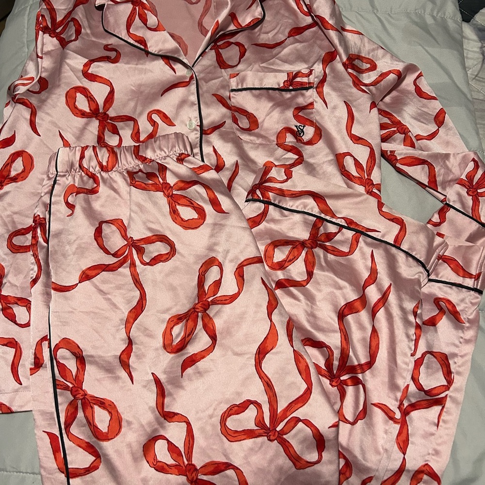 Victoria's Secret Pink Pajama Set with Red Bow Design
